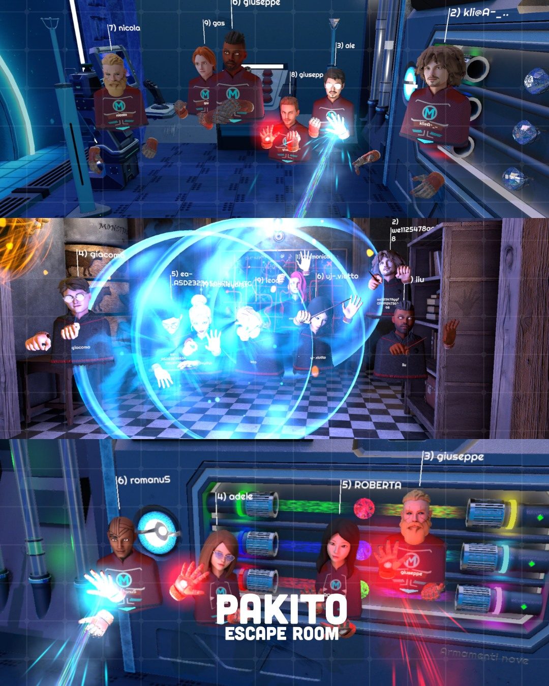 Pakito Escape Room VR sci-fi laboratorio con avatar multiplayer e poteri energia