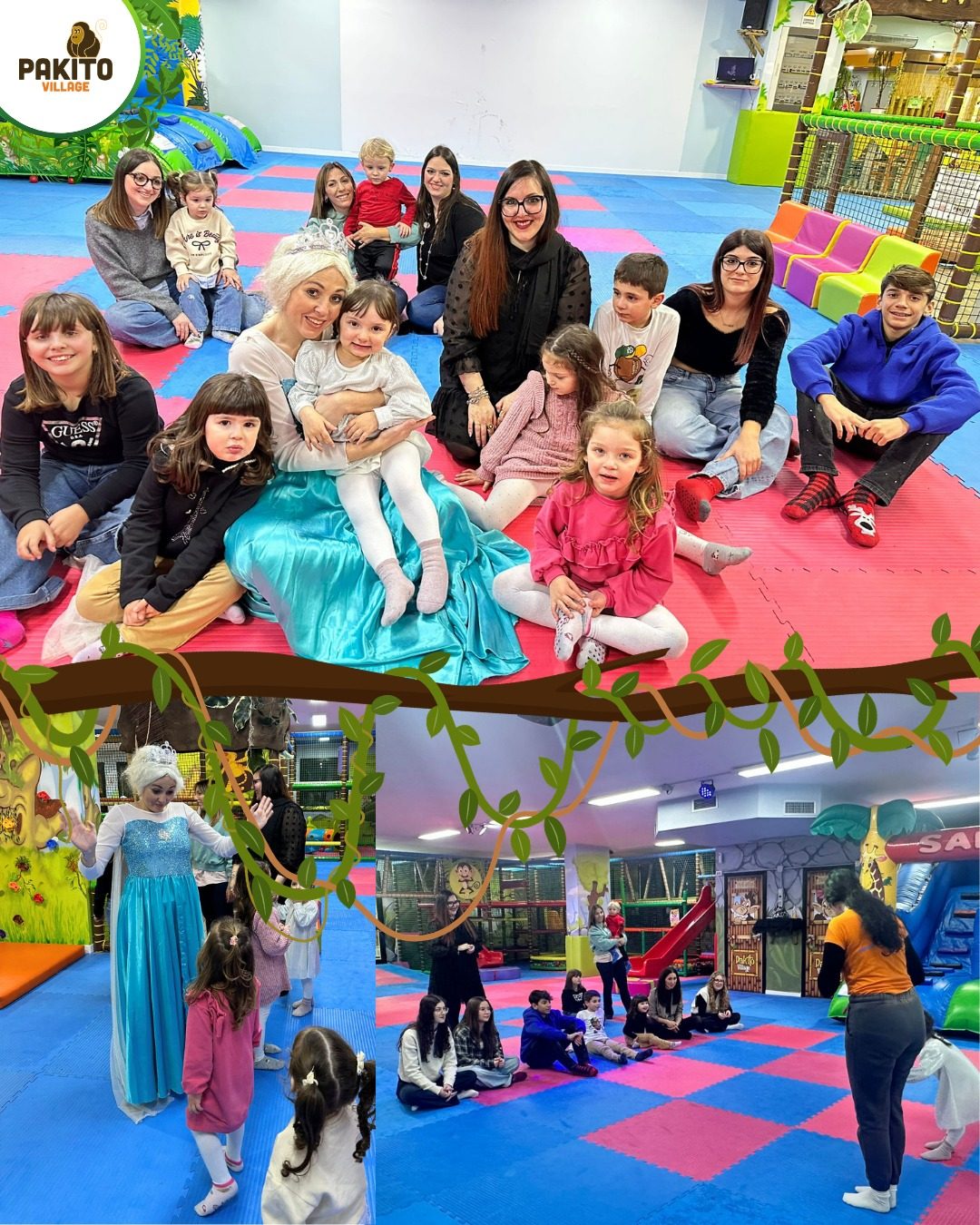 Sala compleanno Pakito Jungle Palace con allestimento Frozen Elsa e palloncini