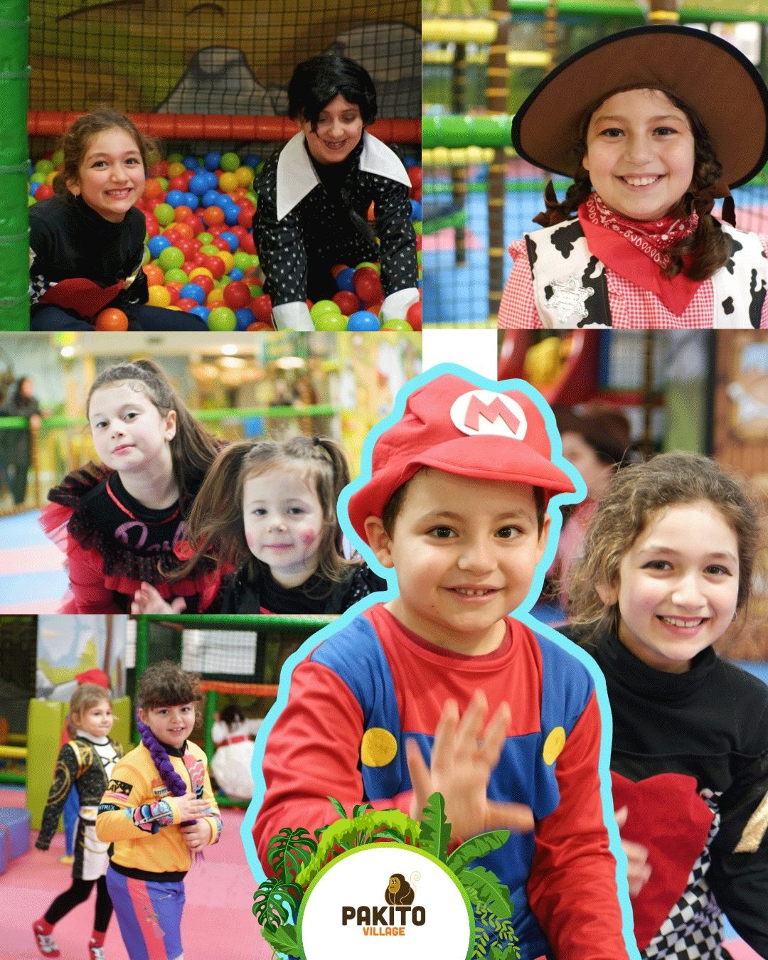 Collage di bambini con mascotte e costumi Carnevale al Pakito Jungle Palace