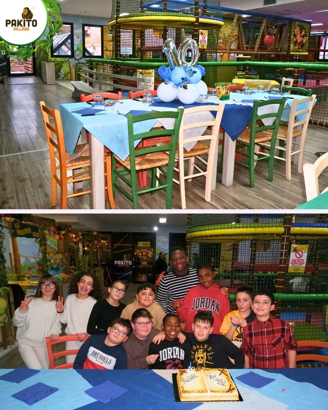 Tavolata Pakito Jungle Palace per cena di gruppo, allestita per 10 anni